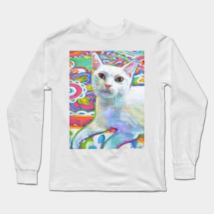 White Cat with Bright Florals Long Sleeve T-Shirt